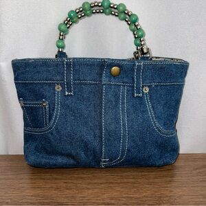 Braciano Denim Handbag with Green Beaded Handle – One Size